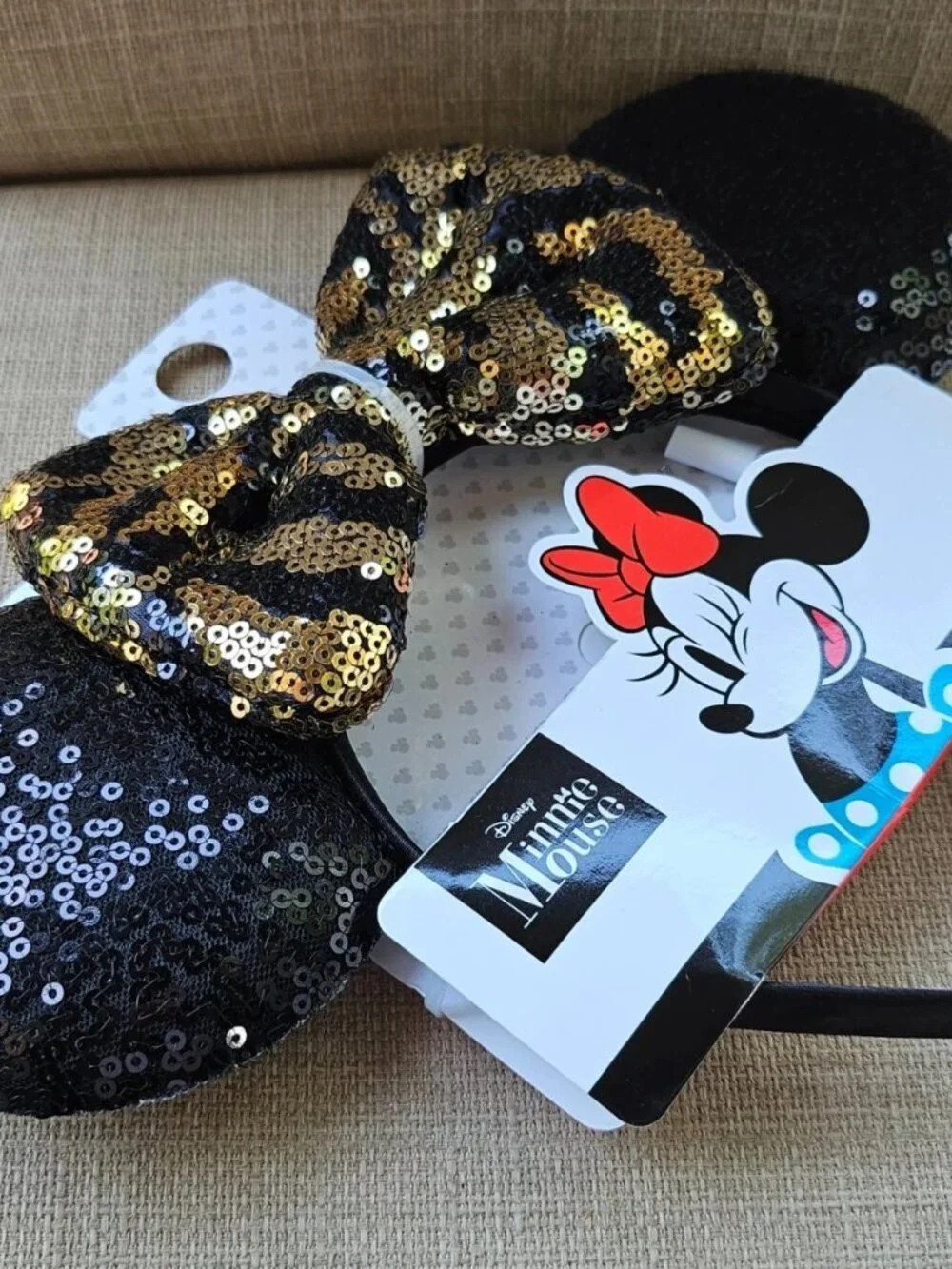 Disney Minnie Mouse Ear Headband Black/Gold Sequins BOW Hair Clip NWT